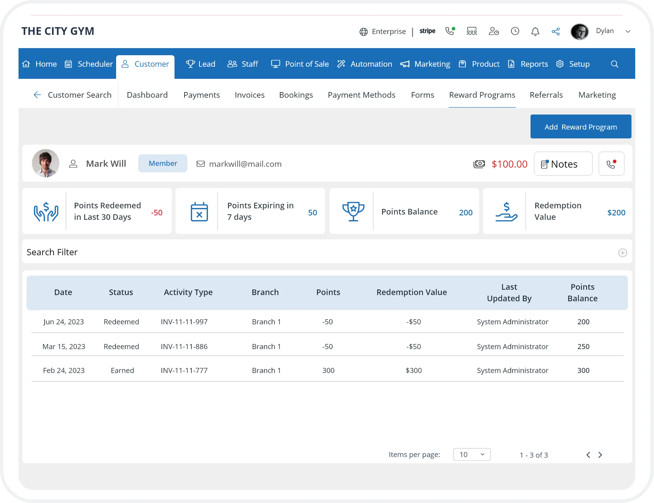 gym software with Customizable Reward Program